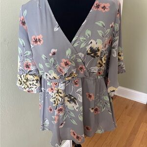 Torrid Pink Floral Wrap Blouse with 3/4 Sleeves